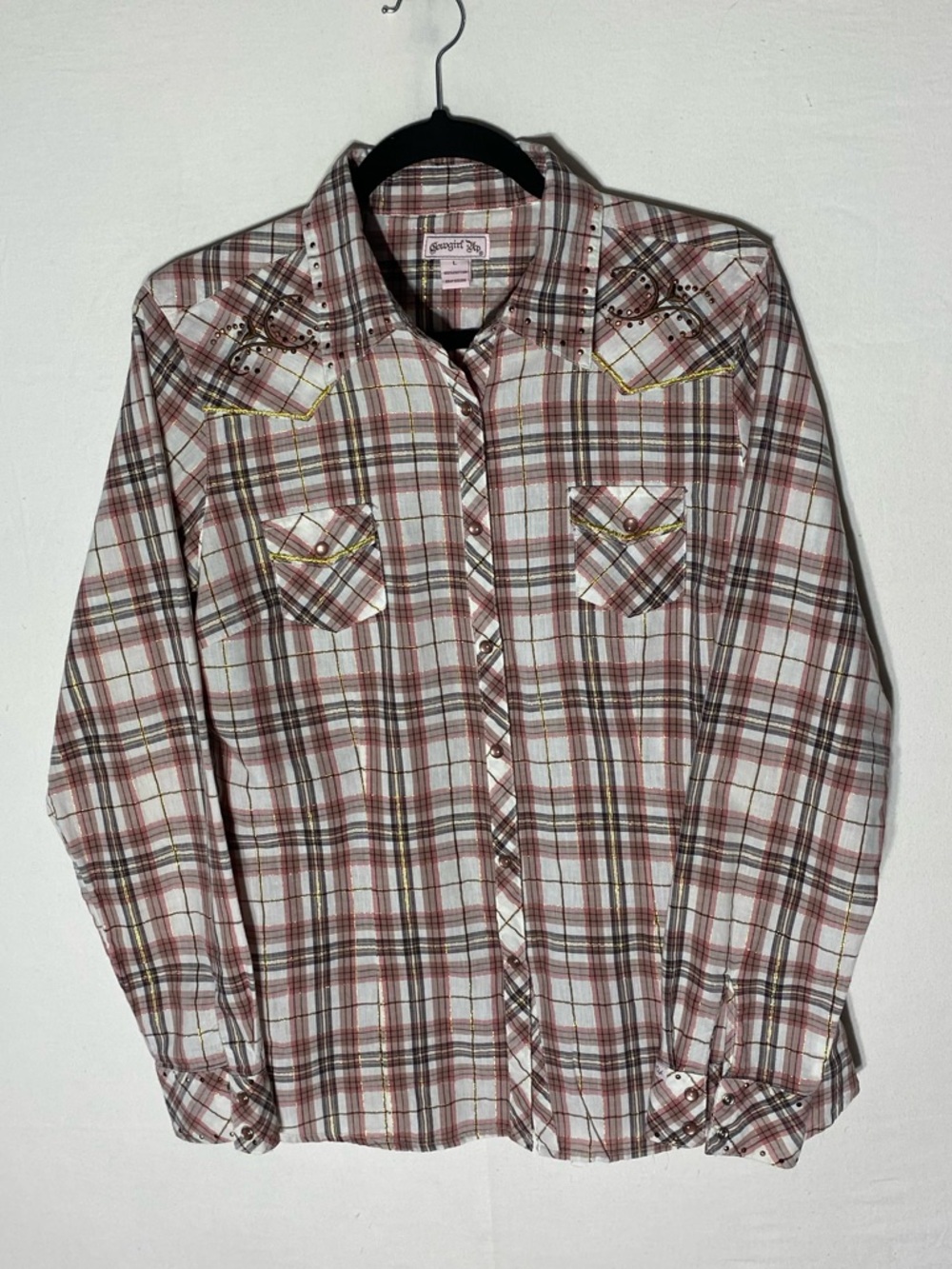 Vintage Y2K Cowgirl Up Pink Brown Studded Plaid Snap Front Shirt L Stampede